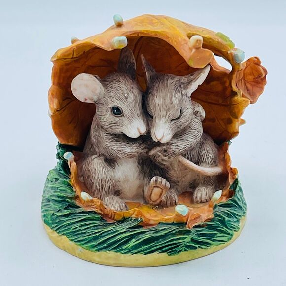 Vintage Charming Tails Mice Under Leaf Umbrella Weathering the Storm Together - Picture 1 of 9